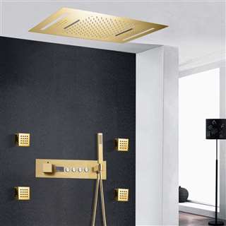 Piacenza Brushed Gold Thermostatic LED Waterfall Rainfall Shower System with Jetted Body Sprays and Hand Shower