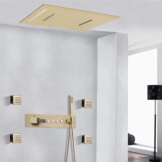 Novara LED Thermostatic Recessed Ceiling Mount Antique Brass Rainfall Shower System with Body Jets and Hand Shower