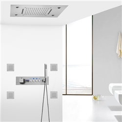 Rome Brushed Nickel Thermostatic Musical Waterfall Rainfall Shower System with Hand Shower and Jetted Body Sprays