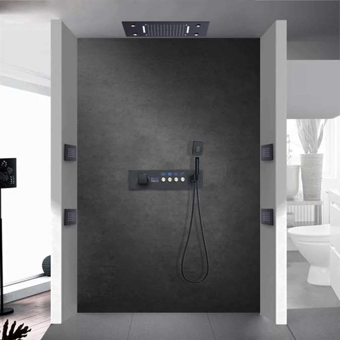 Venice LED Musical Thermostatic Waterfall Shower System with Body Jets and Hand Shower in Matte Black