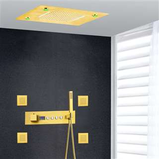 Foggia Brushed Gold LED Musical Thermostatic Rainfall Shower System with Jetted Body Sprays and Hand Shower