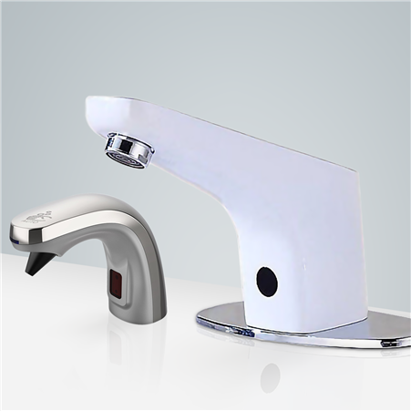 BathSelect Sénart Deck Mount High Quality White Commercial Motion Sensor Faucet & Automatic Soap Dispenser for Restrooms