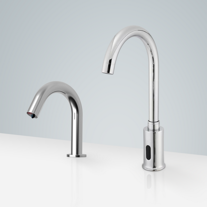 BathSelect St. Gallen Gooseneck Chrome Motion Sensor Faucet & High Quality Automatic Liquid Soap Dispenser for Restrooms