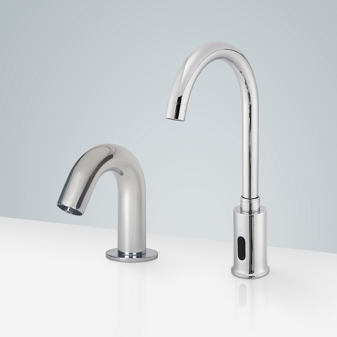 BathSelect Marseille Gooseneck Chrome Finish Motion Sensor Faucet & Touchless Automatic Soap Dispenser for Restrooms