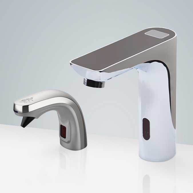 BathSelect Cholet Chrome Hands-Free Digital Display Touchless Motion Sensor Faucet & Automatic Soap Dispenser for Restrooms