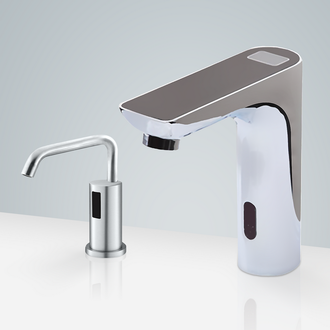 BathSelect Chatou Chrome Digital Display Motion Sensor Faucet Black Top & Automatic Soap Dispenser for Restrooms