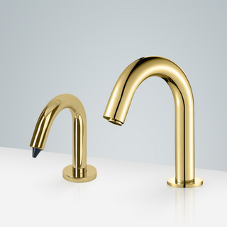 BathSelect Sénart Gold Gooseneck Touchless Motion Sensor Faucet & Automatic Liquid Soap Dispenser For Restrooms