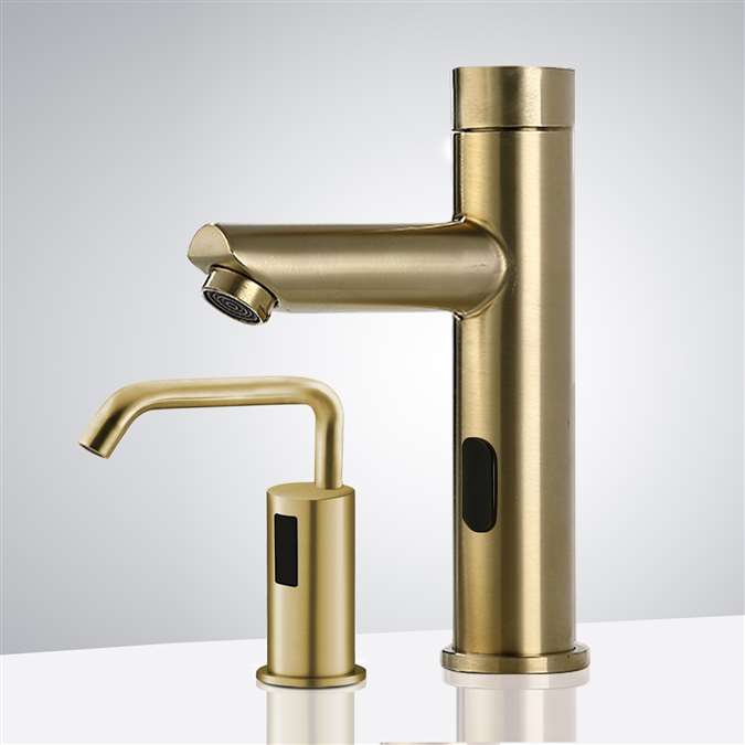 BathSelect Chatou Brushed Gold Motion Sensor Faucet & Hands-Free Automatic Soap Dispenser for Restrooms