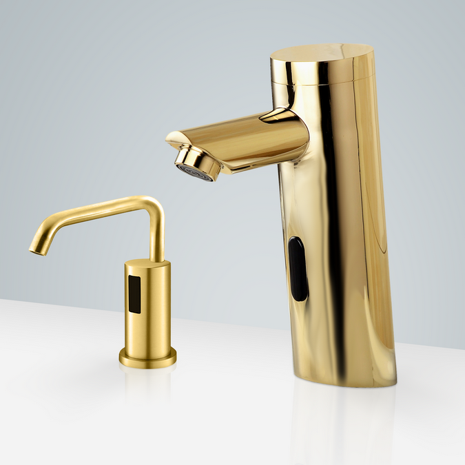 BathSelect Marsala Gold Commercial Motion Sensor Faucet & Deck Mounted Automatic Liquid Soap Dispenser for Restrooms
