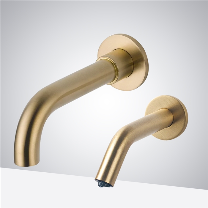 Lima Hostelry Solid Brass Gold Wall Mount Commercial Automatic Sensor Faucet And Sensor Soap Dispenser
