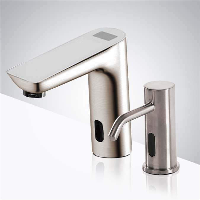 Romo Brushed Nickel Commercial Infrared Automatic Sensor Faucet With Digital Display with Matching Soap Dispenser for Restrooms