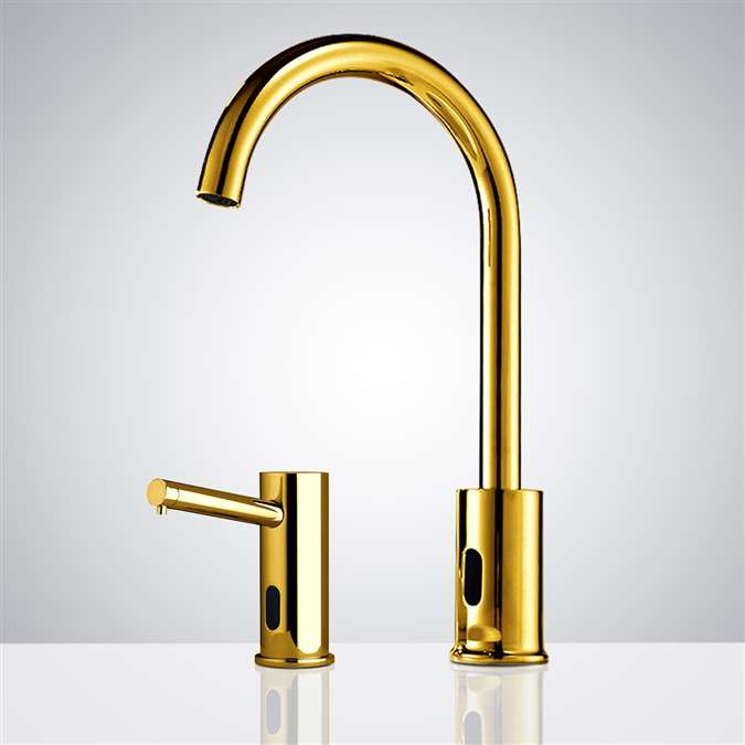 BathSelect Gooseneck Dual Commercial Automatic Sensor Faucet and Soap Dispenser in Gold