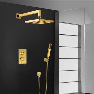 Bravat Wall Mount Gold Square Shower Head With Hand-Held Shower & Mixer