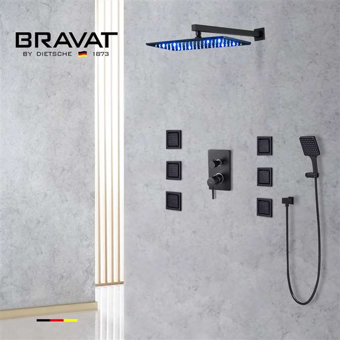 Bravat Argenta Wall Mounted Multi Color Water Powered LED Shower with Adjustable Body Jets and Mixer