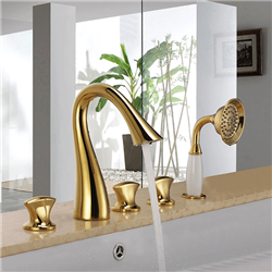 BathSelect Nysa Gold Finish Deck Mounted Bath Tub Faucet with Hand Held Shower