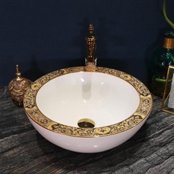 Buy Georgia Round Ceramic Lavabo With Attached Freestanding Faucet And Other Accessories In White And Gold Finish With Classic Gold Design