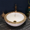 Buy Georgia Round Ceramic Lavabo With Attached Freestanding Faucet And Other Accessories In White And Gold Finish With Classic Gold Design