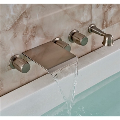 Wall Mount Brushed Nickel Waterfall Tub Mixer Faucet with Brass Handheld Shower