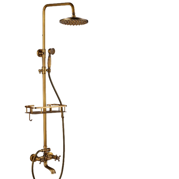 Cordoba Antique Brass Wall Mount 8 Inch Rain Shower Head With Handheld  Shower and Commodity Shelf
