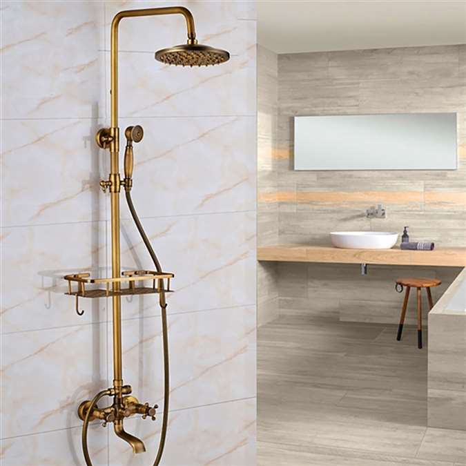 Classic Antique Brass 8 inches Bathroom Shower Set with Shelf