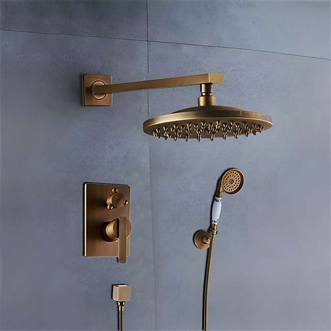 BathSelect Ancient Square Antique Brass 8” Rainfall Wall Shower Head with Hand-Held Shower