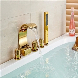 BathSelect Golden Three Handles Deck Mount Curved Faucet With Hand-Held Shower