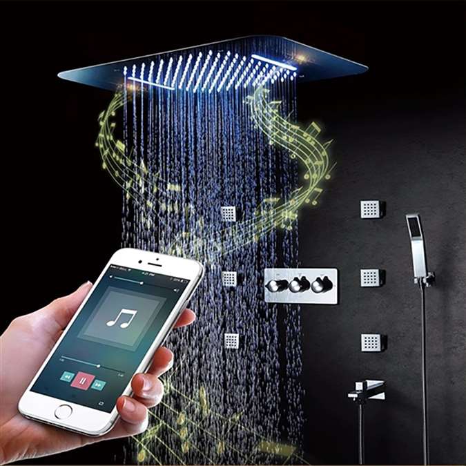 Bathselect Luxury Chrome Curved LED Showerhead Ceiling Phone Control With Jet Spray Set