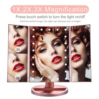 BathSelect Tri-Fold 180 Degree Rotation LED Mirror With Touch Screen Function- Rose Gold Vanity Mirror