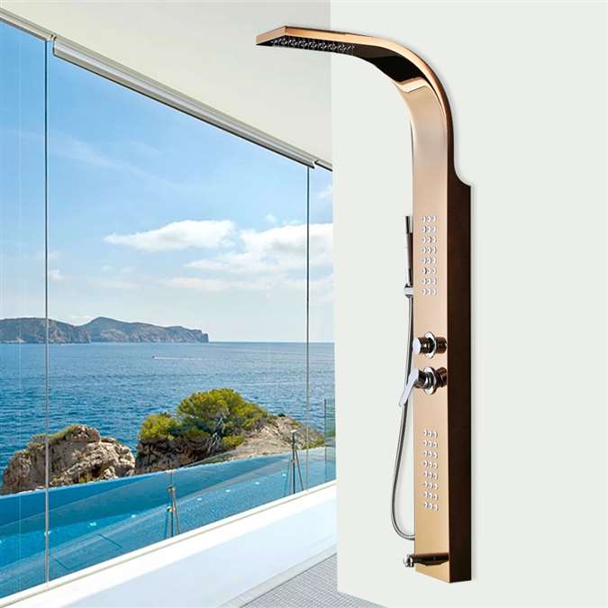 Albufeira Stainless Steel Gold Finish Shower Panel System with Rainfall Shower & Body Massage Jets