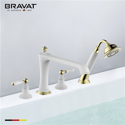 Bravat Gold White Deck Mount Bathroom Faucet With Hand Held Shower
