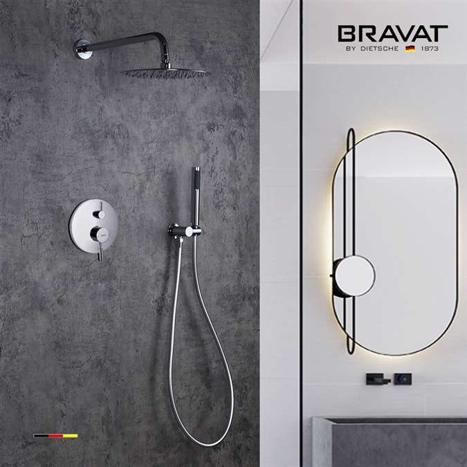 Bravat Wall Mount Thermostatic Bathroom Rainfall Shower Mixer in Brass Chrome Finish