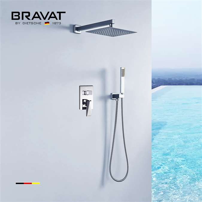 Bravat Chrome Wall Mount Square Thermostatic Rainfall Shower System with Handheld Shower