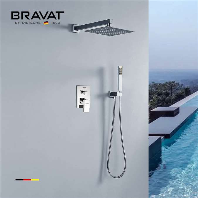 Bravat Wall Mount Square Chrome Thermostatic Rainfall Shower System with Handheld Shower