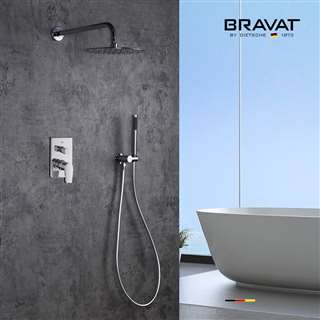 Bravat Round Wall Mount Thermostatic Rainfall Shower System with Handheld Shower in Chrome Finish