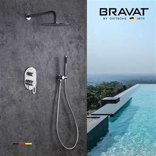 Bravat Wall Mount Round Thermostatic Bathroom Rainfall Shower System in Brass Chrome Finish