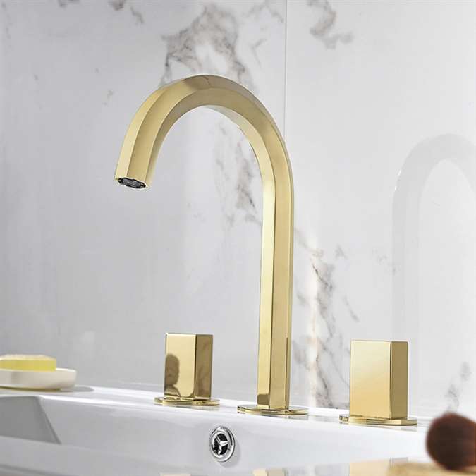 Crimea Dual Handle Deck Mount Sink Faucet In Brushed Gold Finish