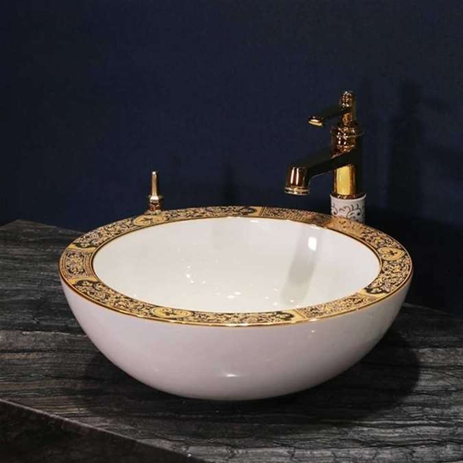 Buy Hotel Georgia Round Ceramic Lavabo In White And Gold Finish With Classic Gold Design
