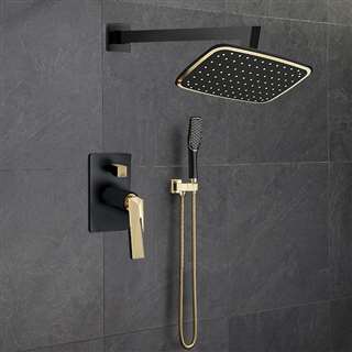 Florento Wall Mount Showerhead and Mixer Faucet With Handheld Shower In Matte Black And Gold Finish