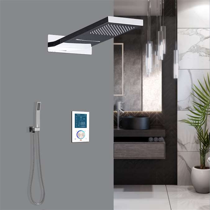 Luna Solid Brass Rectangular Rain Shower Head With Thermostatic Digital Shower Mixer In Chrome