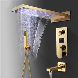 Riviera Hotel LED Rectangular Shower Head With Touch Panel Controller And Handheld Shower In Gold Finish