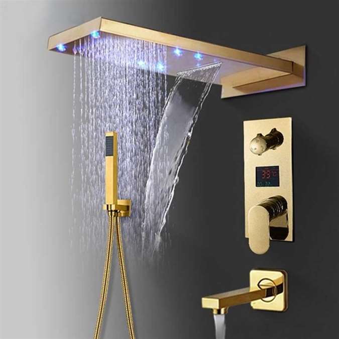 Riviera Hotel LED Rectangular Shower Head With Touch Panel Controller And Handheld Shower In Gold Finish