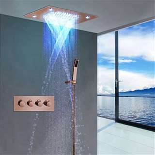BathSelect Reno Solid Brass Multi Color LED Rain And Waterfall Shower Head With Thermostatic Mixer Valve Shower Set In Rose Gold