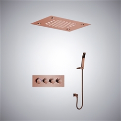 BathSelect Reno Solid Brass Multi Color LED Rain And Waterfall Shower Head With Thermostatic Mixer Valve Shower Set In Rose Gold