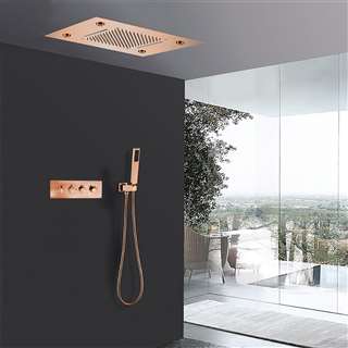 BathSelect Reno Solid Brass Rain And Waterfall Shower Head With Thermostatic Mixer Valve Shower Set In Rose Gold