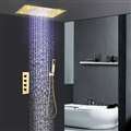 Reno Solid Brass Multi Color LED Rain And Waterfall Shower Head With Thermostatic Mixer Valve Shower Set In Gold