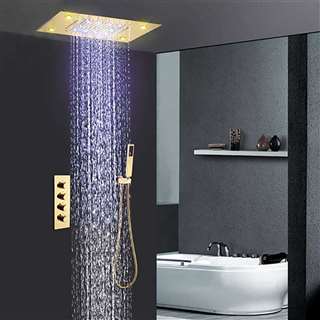 Reno Solid Brass Multi Color LED Rain And Waterfall Shower Head With Thermostatic Mixer Valve Shower Set In Gold