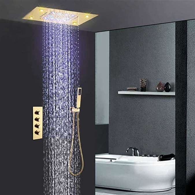 Reno Solid Brass Multi Color LED Rain And Waterfall Shower Head With Thermostatic Mixer Valve Shower Set In Gold