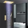 Hotel Reno Solid Brass Multi Color LED Rain And Waterfall Shower Head With Thermostatic Mixer Valve Shower Set In Gold