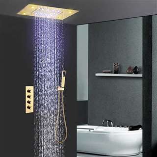 Hotel Reno Solid Brass Multi Color LED Rain And Waterfall Shower Head With Thermostatic Mixer Valve Shower Set In Gold