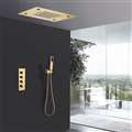 Reno Solid Brass Rain And Waterfall Shower Head With Thermostatic Mixer Valve Shower Set In Gold